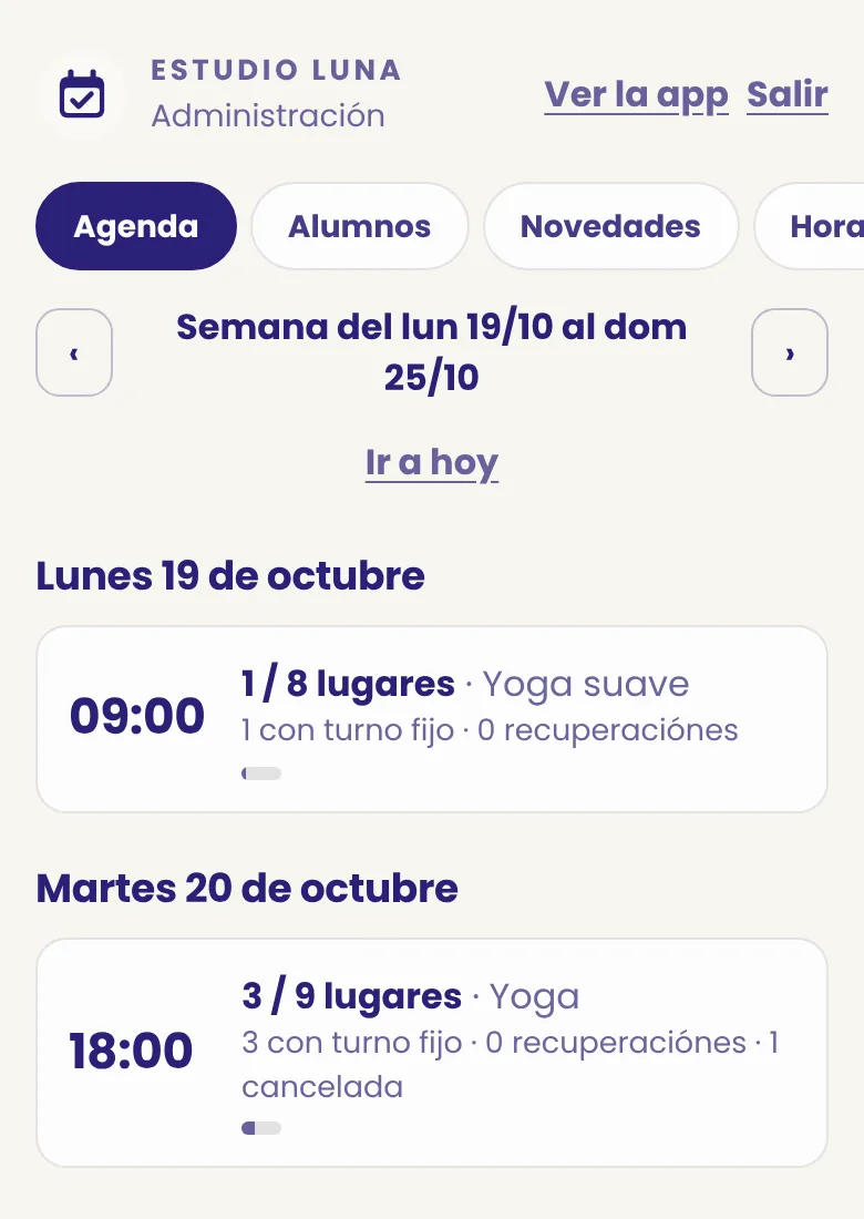 Agenda semanal del negocio con los cupos de cada clase.