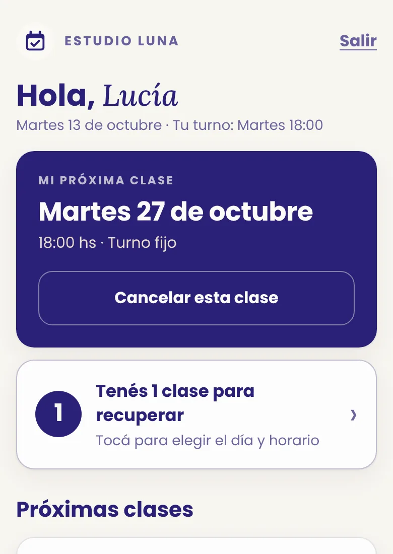 Inicio de la app: próxima clase y otros días con lugar.