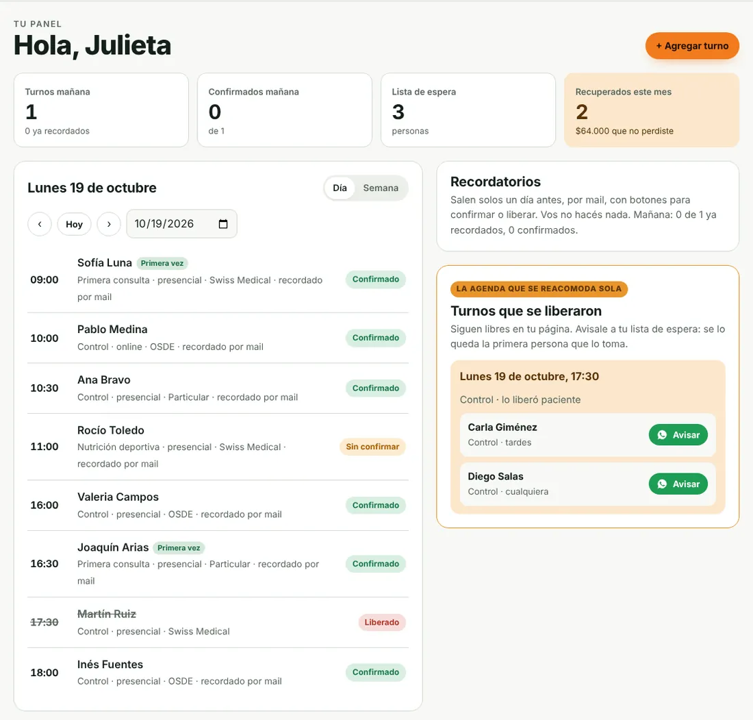 Panel de la profesional: la agenda del día, los recordatorios y los turnos que se liberaron con la lista de espera.