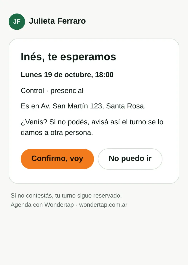 Recordatorio del turno con botones para confirmar o avisar.