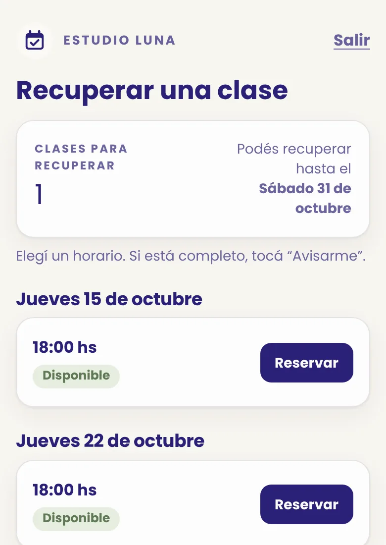 Pantalla para elegir otro día con lugar.